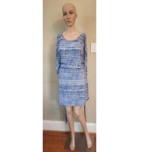Women's Guess White/Blue/Gray Print 3/4 Sleeve Tie Waist Dress